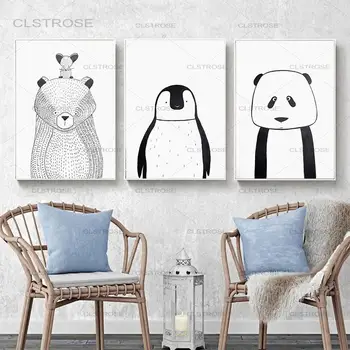 Roztomilý Kreslený Zvierat Medveďa a Penguin Plátno na Maľovanie Jednoduché Čierne a Biele Umenia, Tlače, Plagát, Fotografiu Dieťaťa, Spálňa Domova