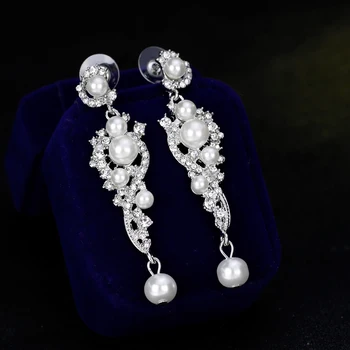 TREAZY Luxusné Simulované Pearl Dlhé Náušnice Strieborné Farba Crystal Kvetinový Visieť Drop Náušnice pre Ženy, Svadobné Šperky
