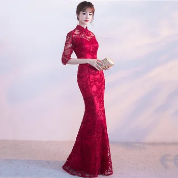 Červený Novinka Čipky Cheongsam Šaty Vintage Čínsky Štýl Dlho Qipao Dámske Slim Party Šaty Retro Lady Obliekať Vestidos S-XXXL