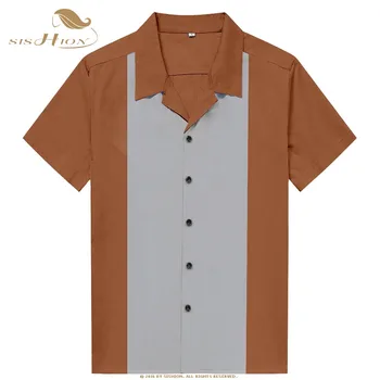 SISHION Krátkym Rukávom Letné Tričko ST123 50. rokov 60-tych rokov, Vintage Brown Červené Tlačidlo Hore Bowling Tričko Mužov camisas