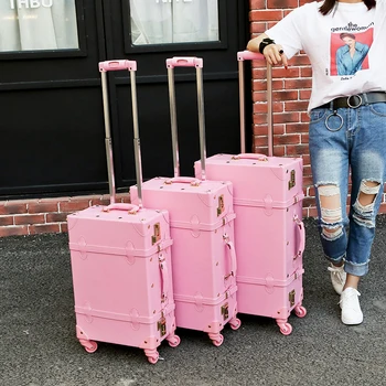 Krásne dievča pu kožené cestovné batožiny sada,plné ružové vintagetrolley batožiny pre ženy,skvelý retro darček pre ženu