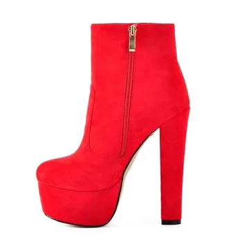 Zimné 2019 zips kolo prst robustný podpätky 15 cm módne dámske topánky pohodlné topánky na platforme red black suede krátke topánky 41